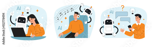 Aartificial intelligence technology concept. People with computers and smartphones. AI for work and creativity.Flat vector illustration for tech, business, and innovation designs