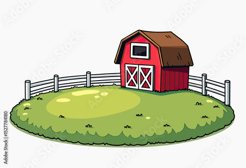 A charming cartoon illustration of a classic red barn on a green hill, enclosed by a white fence, perfect for children's books, educational materials, or farm themes.
