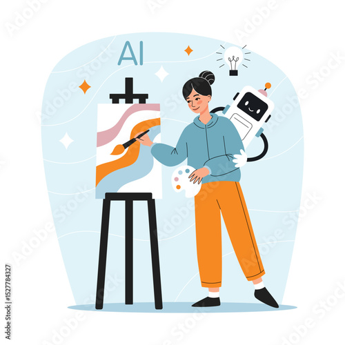 Artificial intelligence is a concept.Woman artist uses AI in work. Flat vector illustration for technology, business and innovation design.
