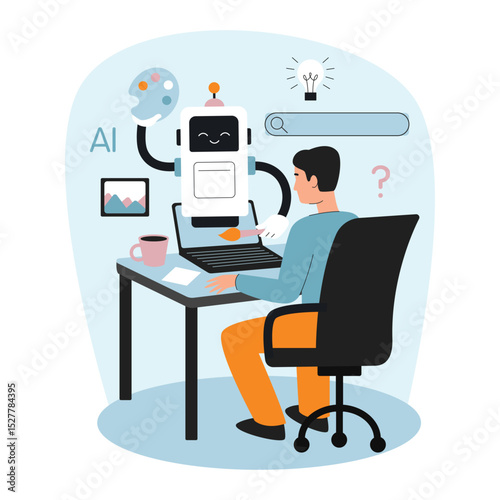 Artificial intelligence is a concept.A man at a computer, using AI in work and creativity. Flat vector illustration for technology, business and innovation design.