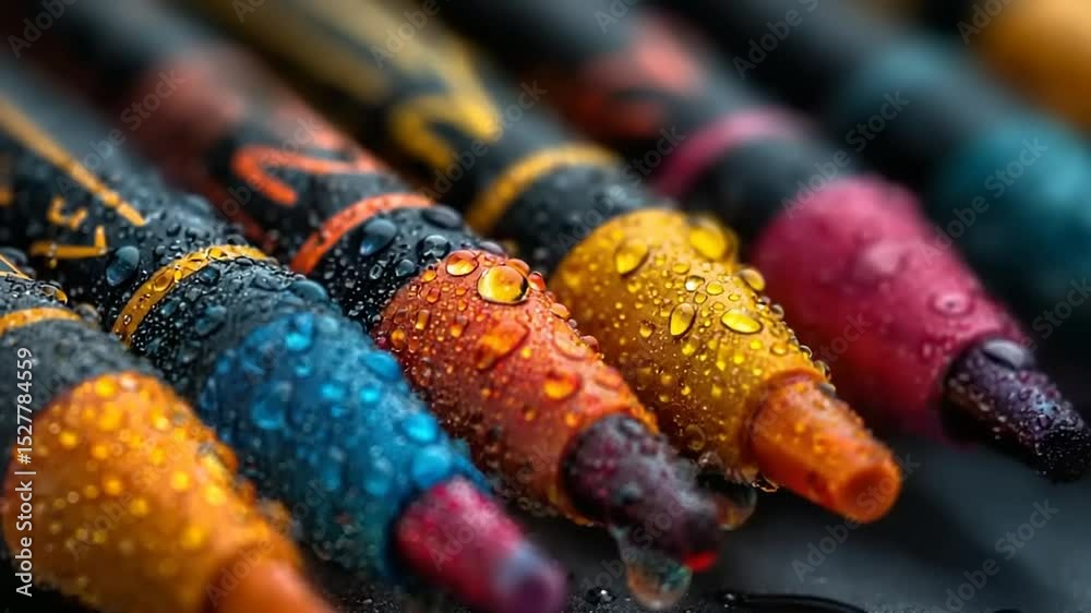 Colorful crayons with water droplets on a dark surface