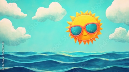 Cartoon sun with sunglasses over ocean waves and clouds.