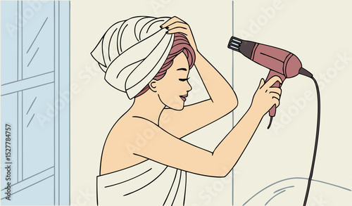 Beautiful cute woman washing her hair with shampoo, and drying her hair with towel and hair drier, and combing hair