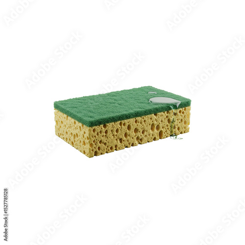 A green and yellow kitchen sponge with a scouring pad for cleaning.