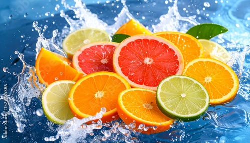 Bright citrus slices mid-splash in crystal water, frozen in motion with vivid color contrast and sharp droplets bursting outward