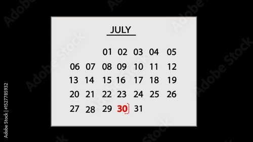 30 July Calendar Animation with Smooth Motion Graphics – Highlight Special Date