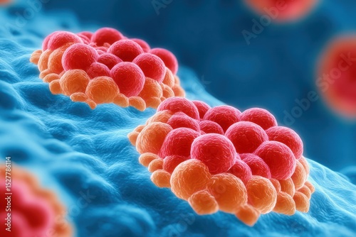Health risks diagnosis concept. Close-up 3D illustration of virus particles attaching to a cell surface, showing detailed viral structure in red and orange against a blue cellular background.
