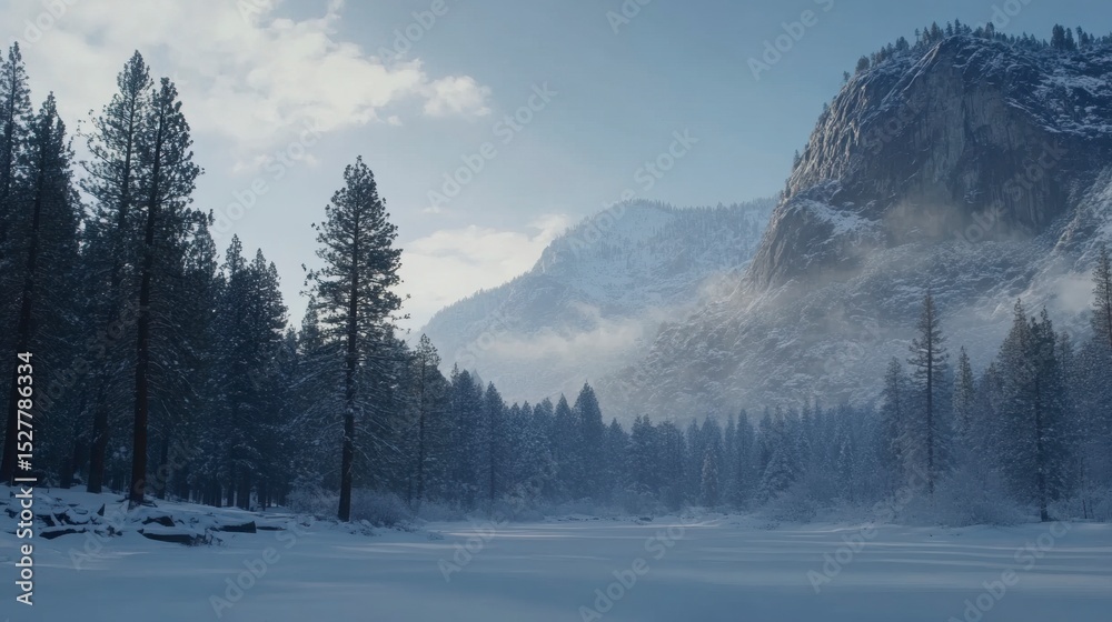 Fototapeta premium Snow-covered Yosemite landscape with tall pine trees and mountain backdrop in winter, no human presence