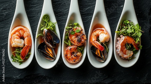 Five spoons of seafood appetizers shrimp, mussels, and octopus with herbs