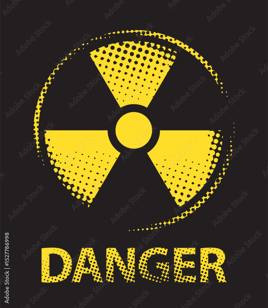Obraz premium Vector banner on the theme of nuclear war, nuclear power plant disaster with a radiation hazard sign on a background of pixels simulating radiation contamination. No AI used
