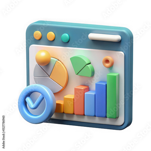 3d render of colorful data analytics dashboard with check mark isolated on transparent background
