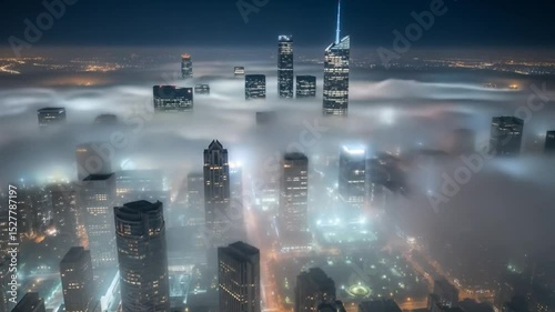 Dense fog engulfing a city, with illuminated skyscrapers poking through.

