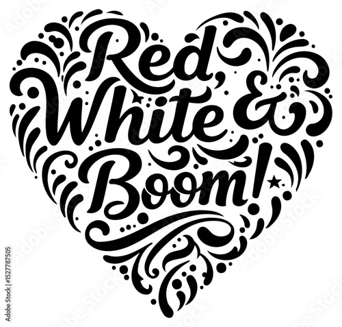 Red. white. and boom heart-shaped graphic design. Decorative lettering with swirls and flourishes. Design for prints. apparel. or digital use. Design element -