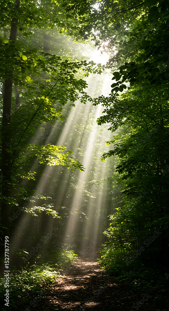 Fototapeta premium Dramatic sunbeams shining through a lush green forest canopy onto a tranquil path. A magical and hopeful nature scene. 