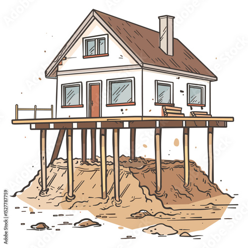 Stilt House Vector – Elevated Wooden House on Sandy Ground Illustration