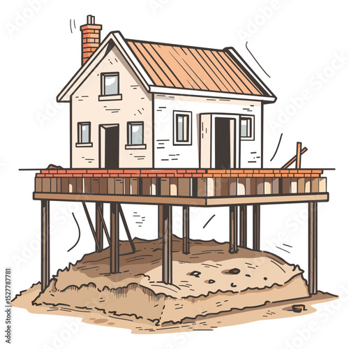 Stilt House Vector – Elevated Wooden House on Sandy Ground Illustration