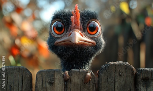 Curious bird peering over a fence