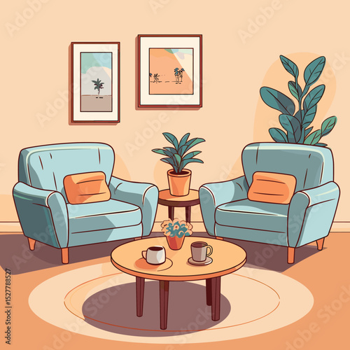Cozy Living Room Corner Vector with Armchairs, Coffee Table, and Plants – Modern Home Interior Illustration