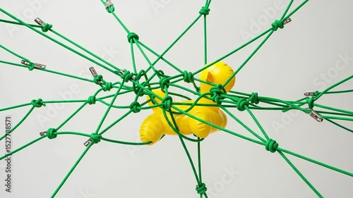 Colorful yellow balls entangled in a complex green net against a plain background