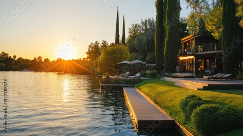 Luxurious waterfront estate at sunset. Lush landscaping, dock, and modern home overlooking tranquil lake.