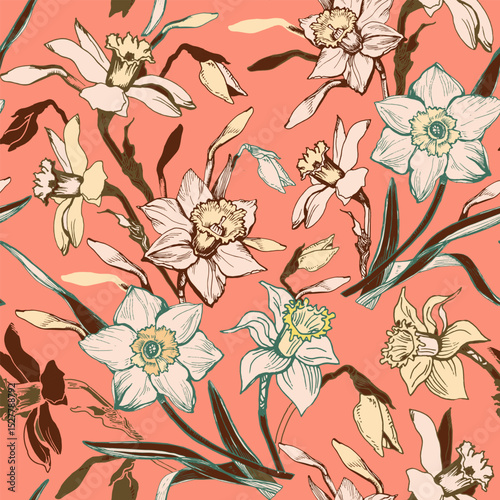 Trendy colors of the year floral seamless pattern with hand drawn daffodil flowers on peach fuzz background. Design for home textile, fabric, wallpaper, packaging. Vector Illustration