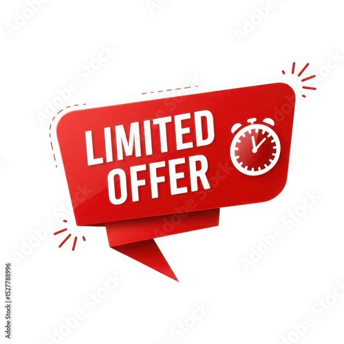 Red limited offer banner with clock icon isolated on white background