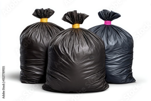 Three black plastic garbage bags isolated on white background