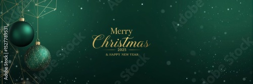 Christmas themed background and template with modern and premium design,Christmas ball decoration hanging on background and geometric effect, Merry Christmas 2025 and Happy New Year Greetings