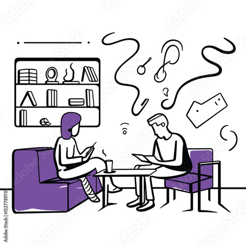 Vector Illustration of Two People Talking and Using Tablets in Modern Living Room – Communication and Technology Concept