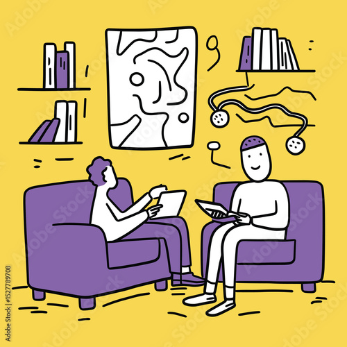 Vector Illustration of Two People Talking and Using Tablets in Modern Living Room – Communication and Technology Concept