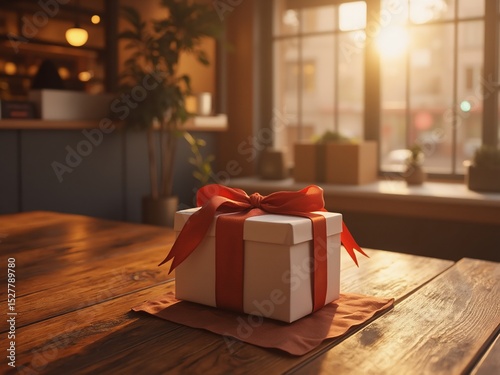 Elegant gift box with ribbon on wooden table, a cozy shopping moment
