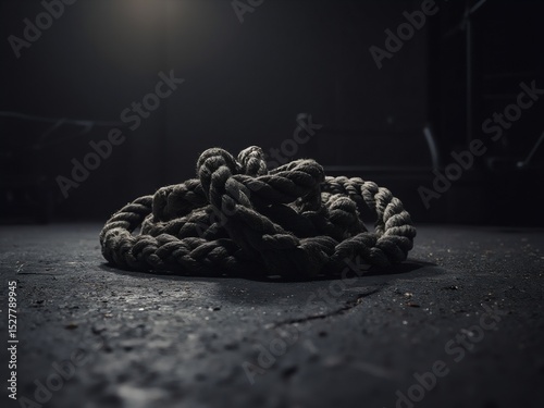Coiled fitness rope on gym floor, textured rubber detail, dramatic lighting - Strength and movement in focus