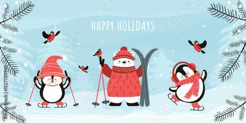 A winter, festive background with a hand-drawn polar bear and funny penguins. Vector design for postcards, banners, posters, covers and more.