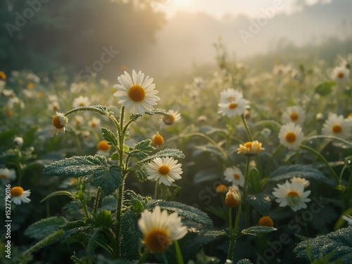 Dew-kissed blooms in an English garden, a serene morning wrapped in soft light and mist