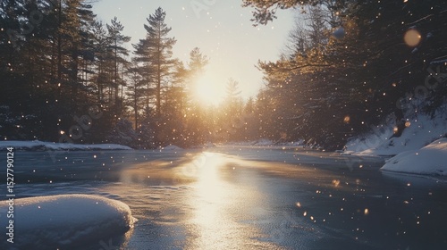 Winter sunrise over frozen river, snow falling, trees, golden light.