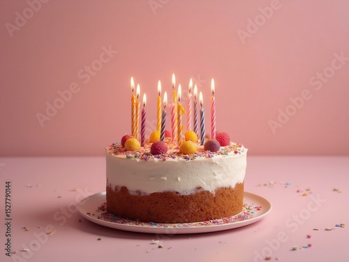 Colorful birthday cake with glowing candles; joyful celebration of life and happiness