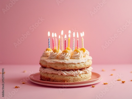 Colorful birthday cake with glowing candles; joyful celebration of life and happiness