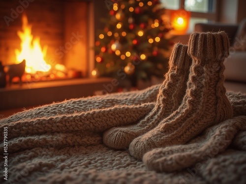 Woolen socks by the fireplace, a moment of warmth and comfort in holiday glow