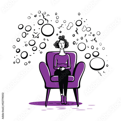 Vector Illustration of Calm Woman Sitting in Chair with Abstract Thought Bubbles – Mindfulness and Meditation Concept