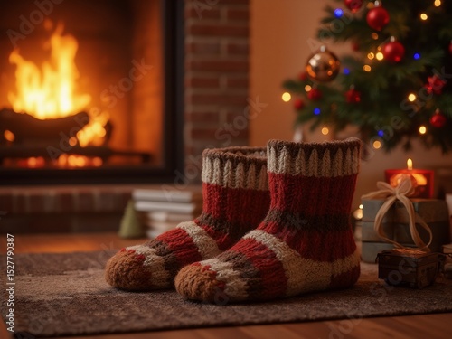 Woolen socks by the fireplace, a moment of warmth and comfort in holiday glow