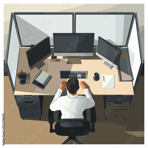 Vector Illustration of Office Worker Using Multiple Monitors in Modern Corporate Workspace at Night