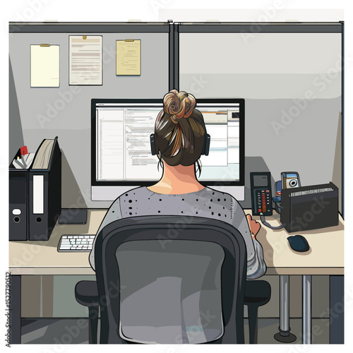 Vector Illustration of Office Worker Using Multiple Monitors in Modern Corporate Workspace at Night