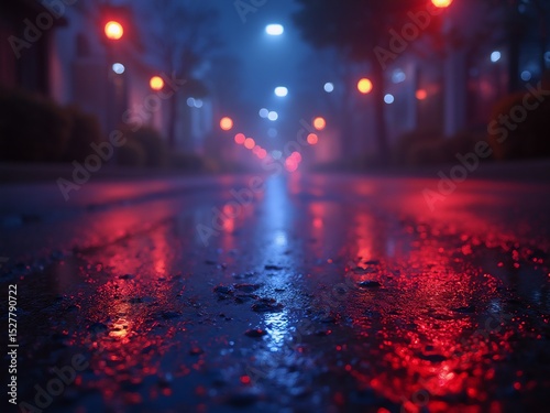 Glowing red and blue lights on wet pavement, a dreamy urban nightscape