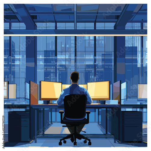 Vector Illustration of Office Worker Using Multiple Monitors in Modern Corporate Workspace at Night