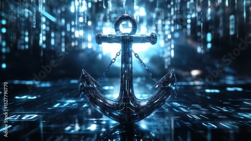 Digital anchor in a futuristic, technological environment.