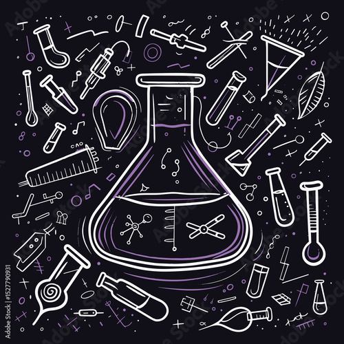 Seamless Science Doodle Pattern – Laboratory Equipment and Chemistry Icons on Purple Background