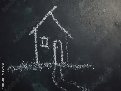 Simple chalk house sketch on textured blackboard, symbolizing home and creativity.