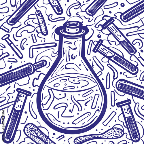 Seamless Science Doodle Pattern – Laboratory Equipment and Chemistry Icons on Purple Background