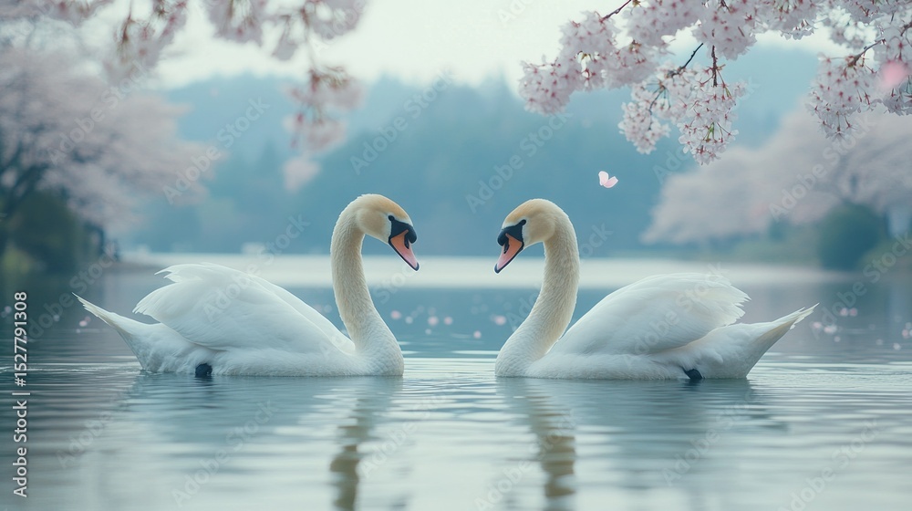 Fototapeta premium Two swans in love amidst cherry blossoms