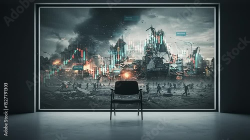 Apocalyptic Financial Outlook: Visualizing Economic Collapse Through Stock Market Charts and Ruined Cityscapes photo
